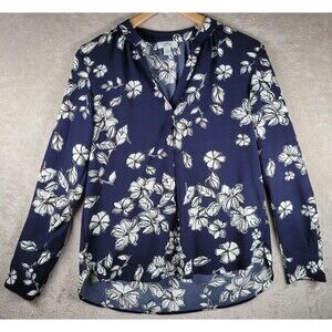 Lord & Taylor Blouse Tunic Top Women Sz S White Blue Floral Long Sleeve V Neck